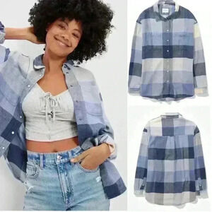 American  Eagle Women Oversized Plaid Flannel Cotton Shirt Blue size M